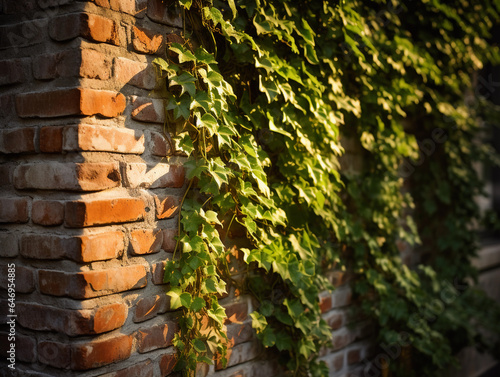 Living wall on a rustic brick facade, Ivy and ferns intertwined, dappled sunlight