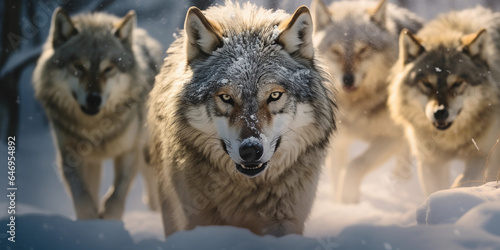 pack of wolves with voluminous hairstyles, moving through a snow - covered forest, leader in focus