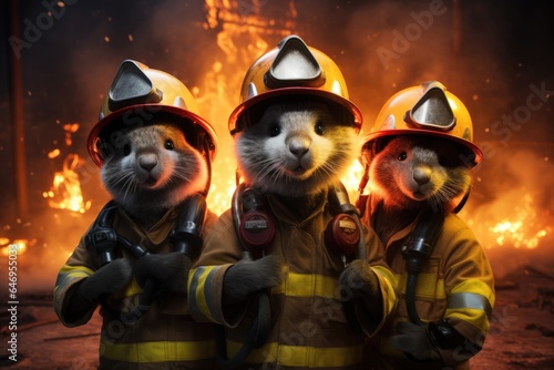 A group of mice dressed up as firefighters. Imaginary photorealistic image.