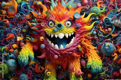 The monster on the wall is covered with candy  in the style of pop culture collages  organic sculptures  kombuchapunk  green and amber  vibrant  catcore  caninecore. Generative AI image weber.