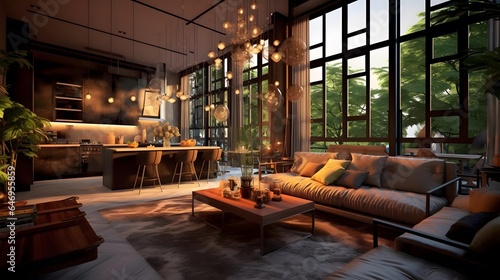 Interior of modern living room. Panorama. 3d rendering © Iman