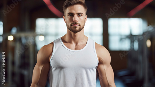 handsome white American athlete bodybuilder with healthy muscular body standing with a tank top shirt in a gym. blurry fitness gym in the background.