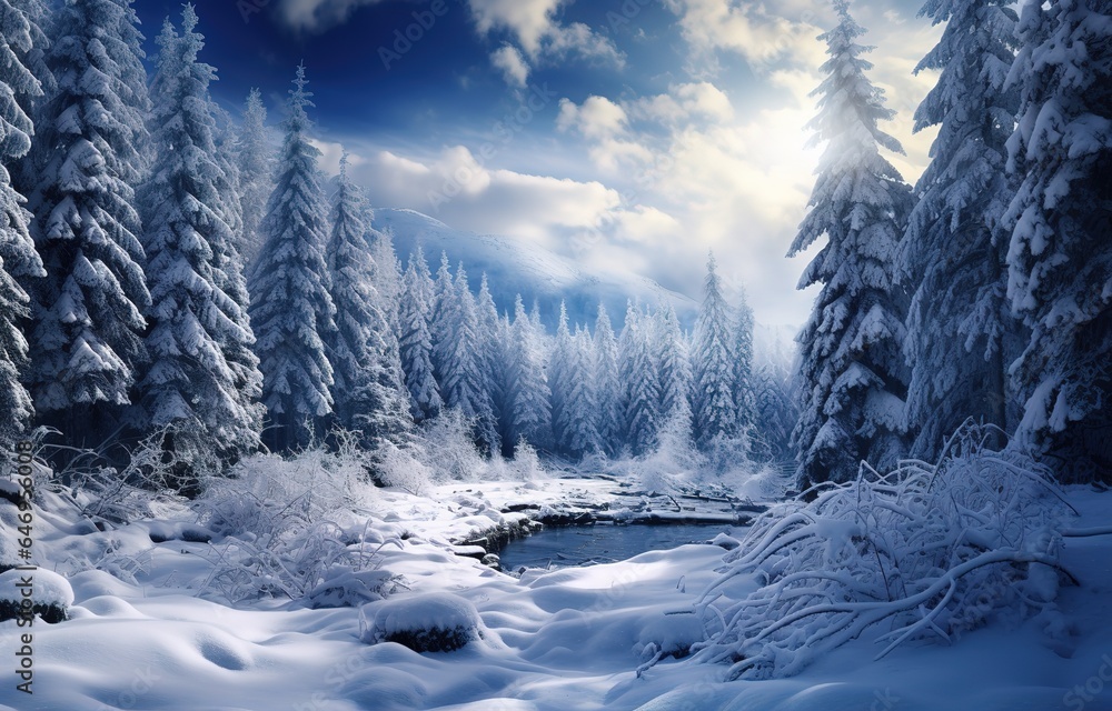 Trees in winter Snow-covered landscape and evergreens