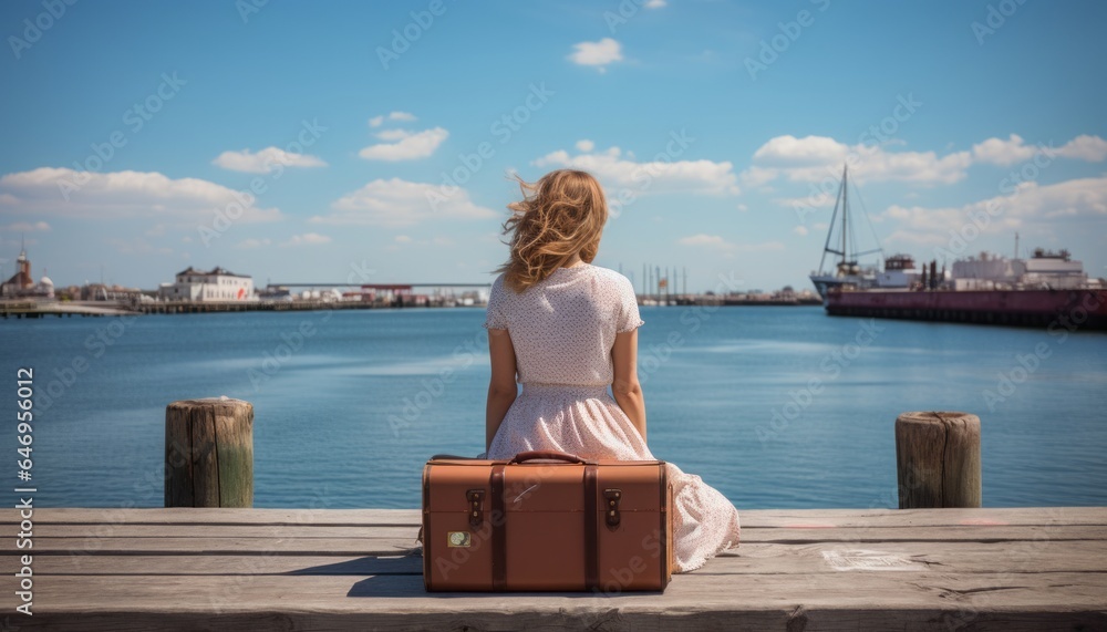 Young Woman, Seen from the Back, Sits on Her Suitcase on a Pier Along the Harbor, Embarking on a Travel Holiday Filled with Backpacking, Voyage, and Wanderlust