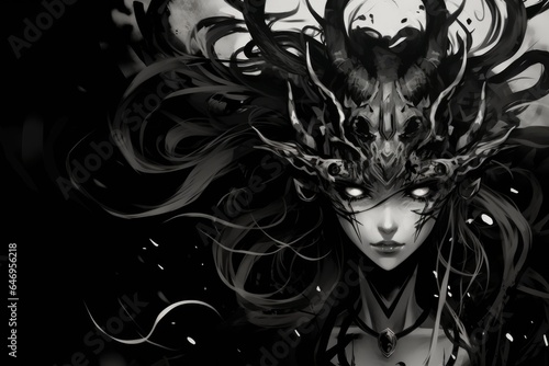 A black and white photo of a demon woman with horns on her head. Imaginary illustration.