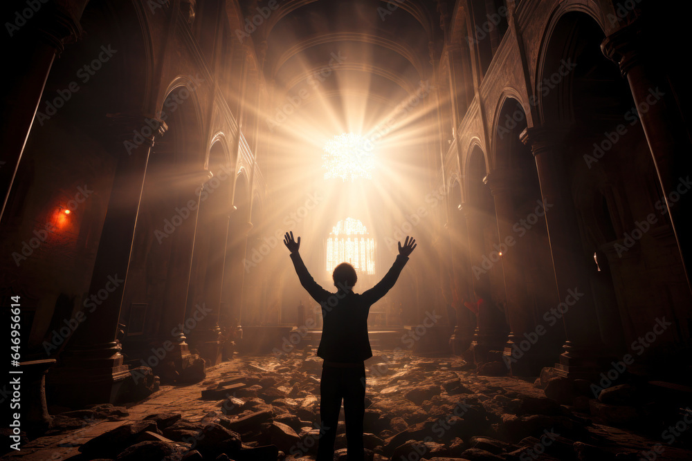 A man inside an ancient cathedral with his hands raised up toward the light trusting in God Generative AI Illustration - obrazy, fototapety, plakaty 