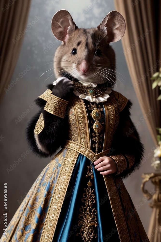 Obraz premium Front view of mouse wearing suit and standing in proud pose. Dapper, elegant anthropomorphic animal portrait with human body. Cartoon 3d style animation character, anime style