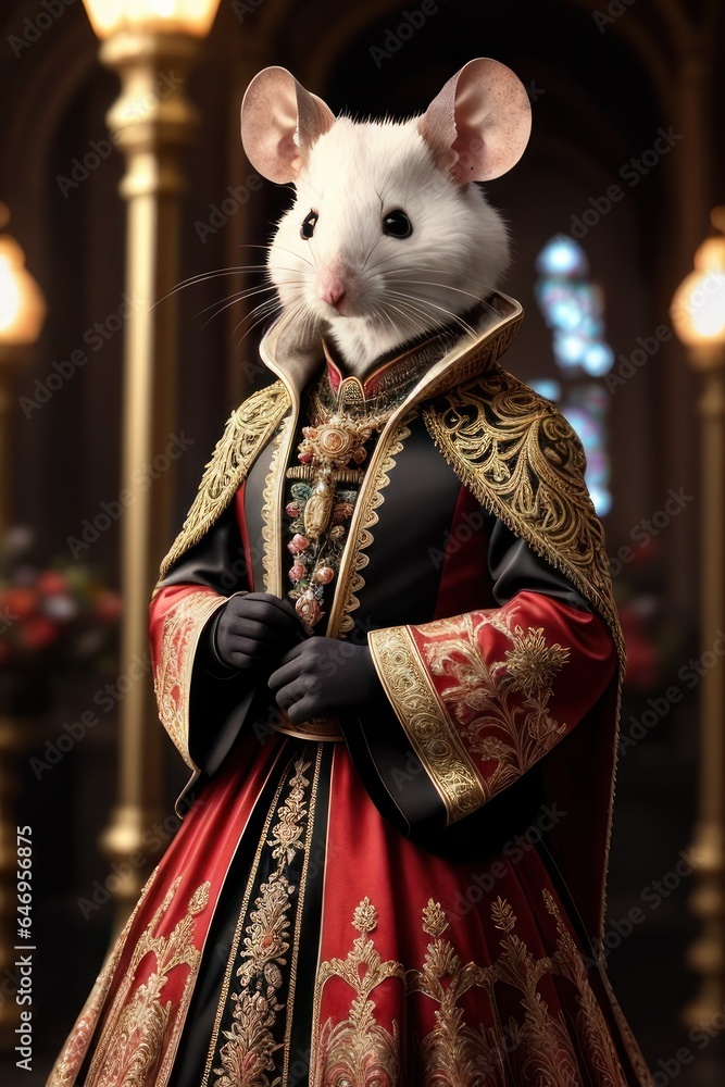 Front view of mouse wearing suit and standing in proud pose. Dapper, elegant anthropomorphic animal portrait with human body. Cartoon 3d style animation character, anime style
