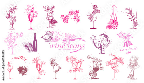 Wine icons for wine events. Hand drawn elements for invitation cards, advertising banner and menu cards. Splashing wine. Sketch vector illustration. 