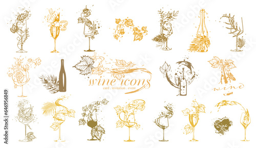 Collection of wine elements - Wine designs. Sketch vector illustration. Hand drawn elements for invitation cards, advertising banner and menu cards. Colorful wine glasses with splashing wine.