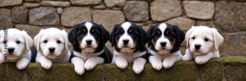 Different puppies peeks out from behind a grey brown stone wall. Only can see its heads Banner © useful pictures
