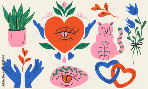 Set of bright stickers. sacred heart, cat, plant, flowers, hands, eyes. Design and print t-shirts, bags, posters, invitations, cards, etc. Hand drawn vector illustration.