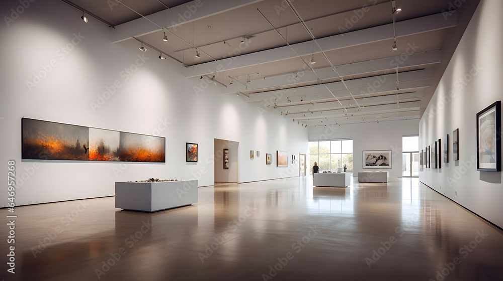 Panoramic view of modern art gallery with exhibition of contemporary art