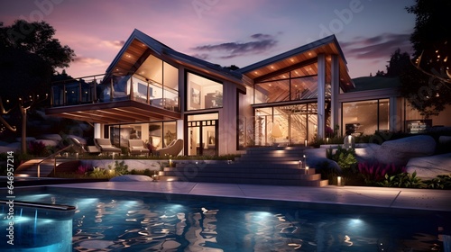 Luxury modern house with pool at night. Panorama.