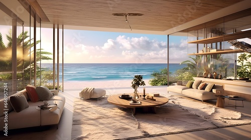 Luxury living room with sea view. Panoramic image © Iman