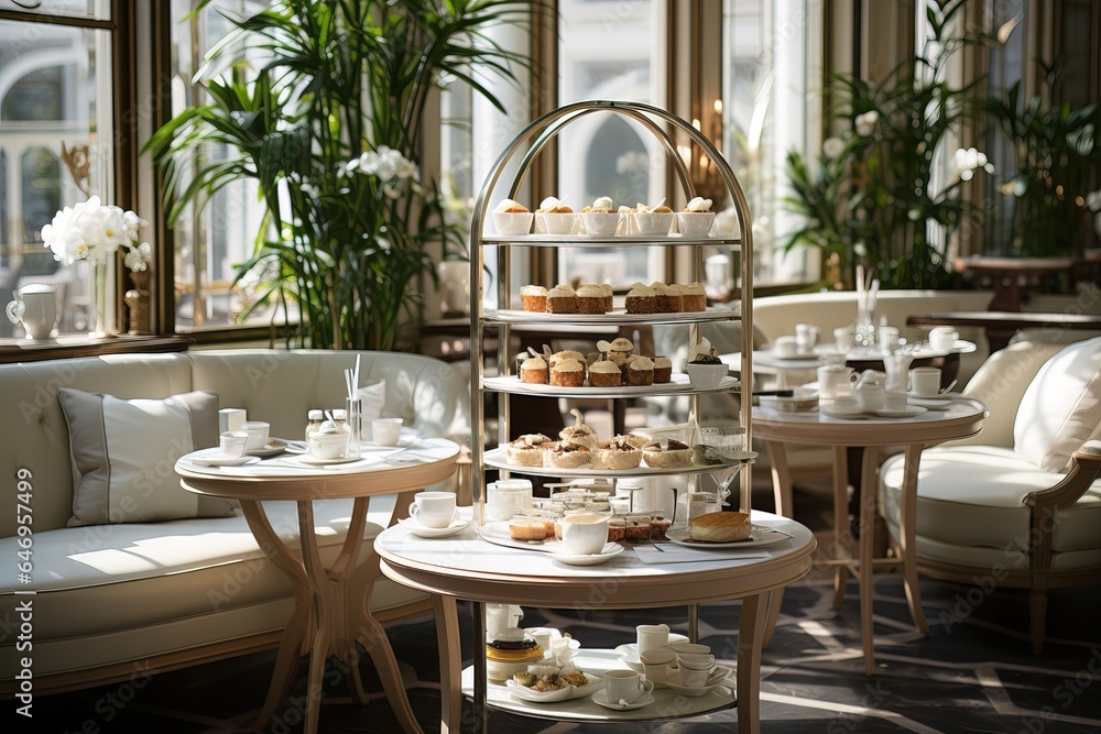 big multiple tray with cakes and tea served on a high en hotel