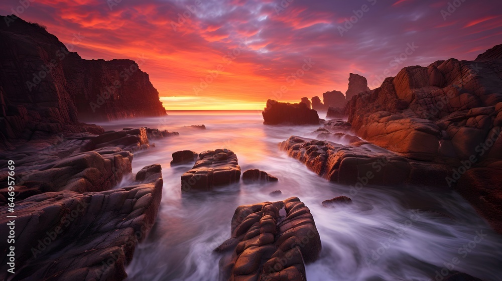 Panorama of the beach at sunset in Cantabria, Spain