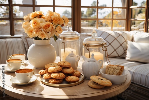 tea set served with cookies and candles on a modern living room with big windows