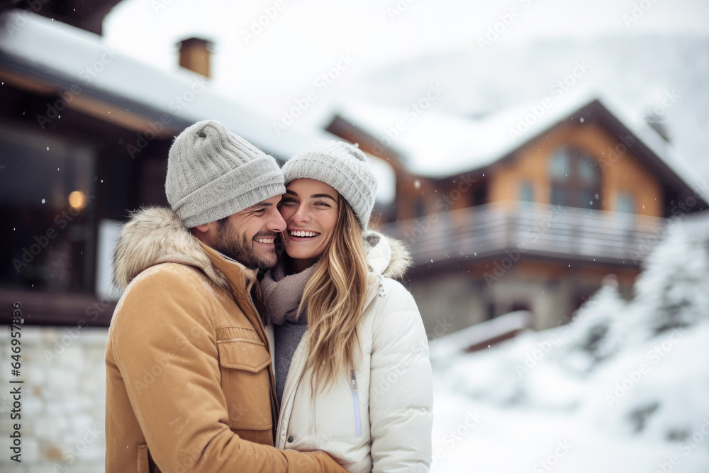 A happy couple enjoys a winter day together, sharing smiles, hugs, and the beauty of nature