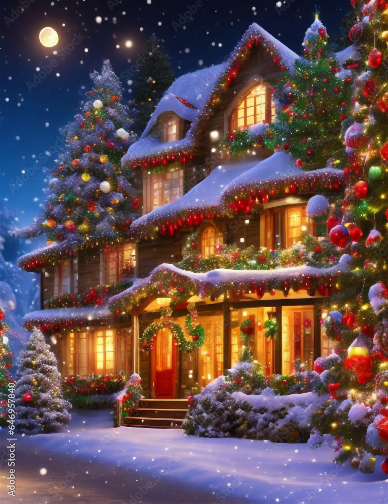 Winter is coming Snowy night with coniferous forest houses in snow light garlands falling snow forest landscape, winter and New Year holidays. Festive winter landscape. Christmas