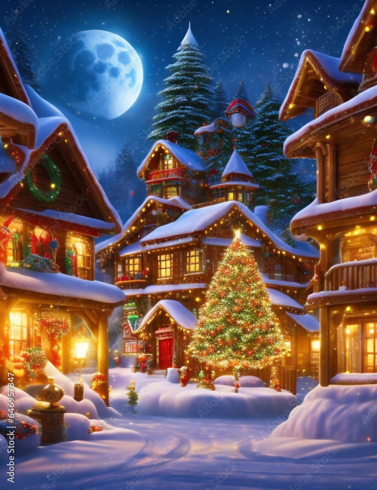Winter is coming Snowy night with coniferous forest houses in snow light garlands falling snow forest landscape, winter and New Year holidays. Festive winter landscape. Christmas Winter is coming Snowy night with coniferous forest houses in snow light garlands falling snow forest landscape, winter and New Year holidays. Festive winter landscape. Christmas