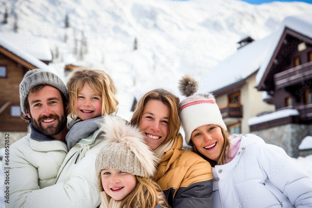 A group of friends and family enjoys a playful winter vacation in the mountains