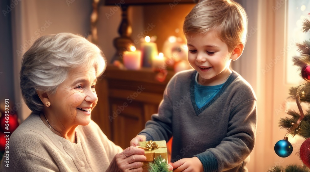 happy overjoyed adorable caucasian boy decorating Christmas tree with happy Grandmother, putting toys on branches, enjoying preparing for New Year celebration at home, miracle time concept happy overjoyed adorable caucasian boy decorating Christmas tree with happy Grandmother, putting toys on branches, enjoying preparing for New Year celebration at home, miracle time concept