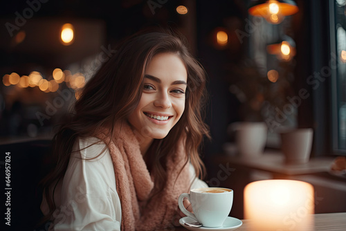 A young, attractive Caucasian woman sips coffee at a cafe, enjoying a moment of relaxation by the window.