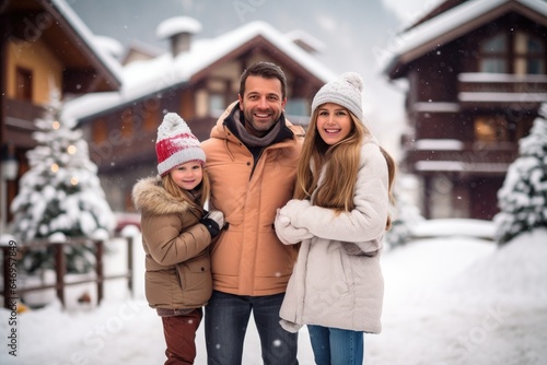 A loving family enjoys a winter day outdoors, wrapped up warmly, and sharing smiles in the snowy park.