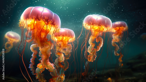 AI Generated 8K Photograph of Ethereal Jellyfish Floating in the Water, Their Translucent Bodies Illuminated by Gentle Underwater Lighting, Creating a Dreamlike Atmosphere. © PixelFusion Creation