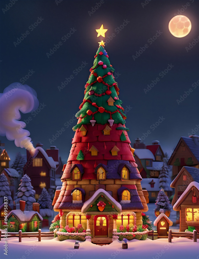 Winter is coming Snowy night with coniferous forest houses in snow light garlands falling snow forest landscape, winter and New Year holidays. Festive winter landscape. Christmas