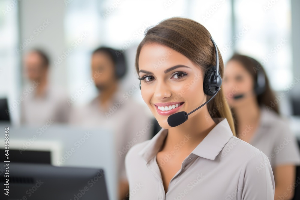 A woman wearing a headset in a call center. Imaginary photorealistic image. A woman wearing a headset in a call center. Imaginary photorealistic image.