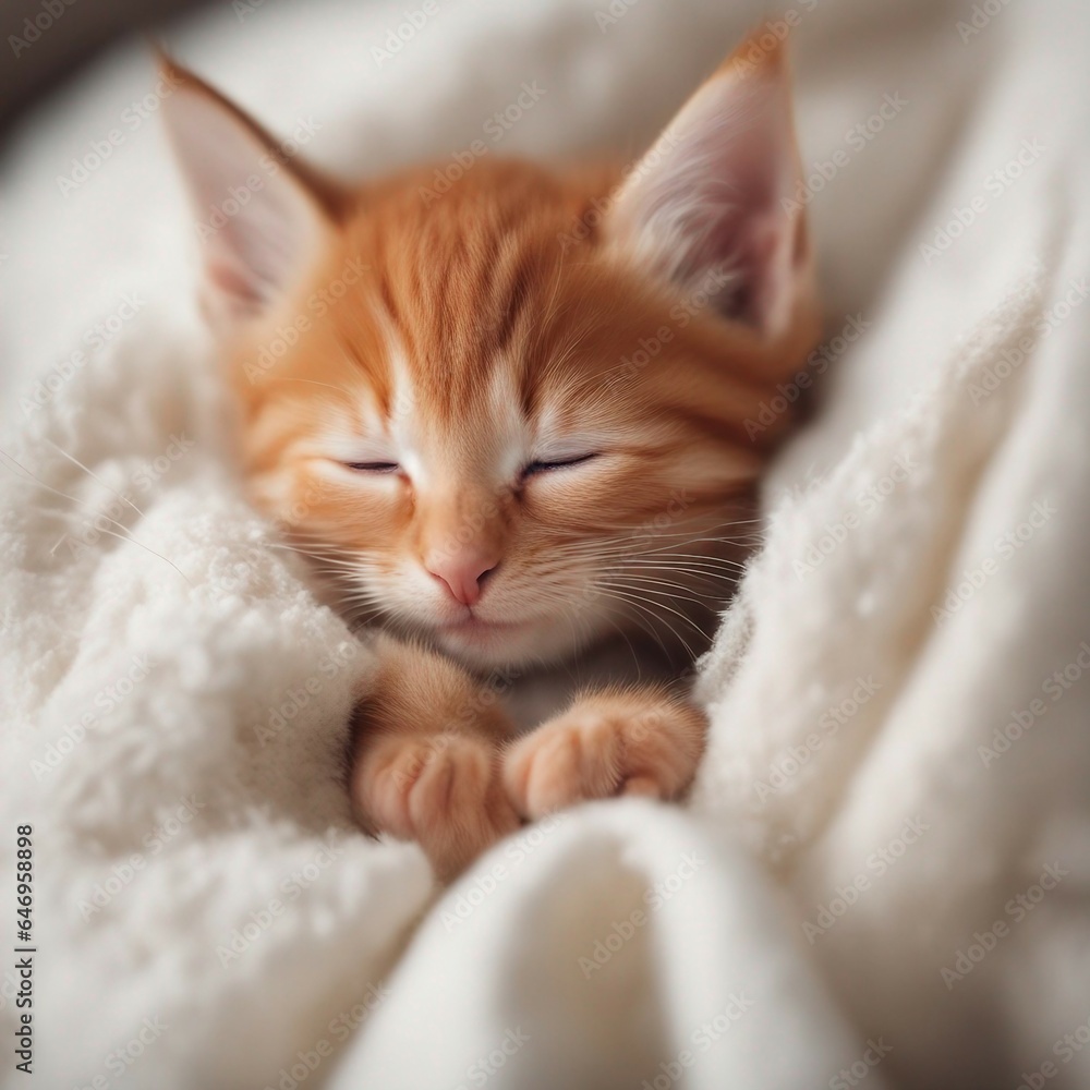 Cute little ginger kitten is sleeping in soft blanket Cute little ginger kitten is sleeping in soft blanket