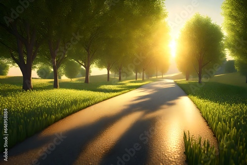 3D scene of a countryside road bordered by lush green trees at the peak of spring. Showcase the backlit leaves and the sun setting low on the horizon, infusing the scene with a golden glow.