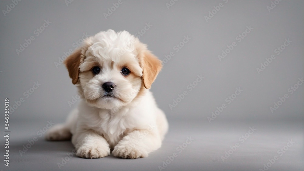 Cute puppy of maltipoo dog posing calmly lying isolated over white studio background domestic animal Cute puppy of maltipoo dog posing calmly lying isolated over white studio background domestic animal