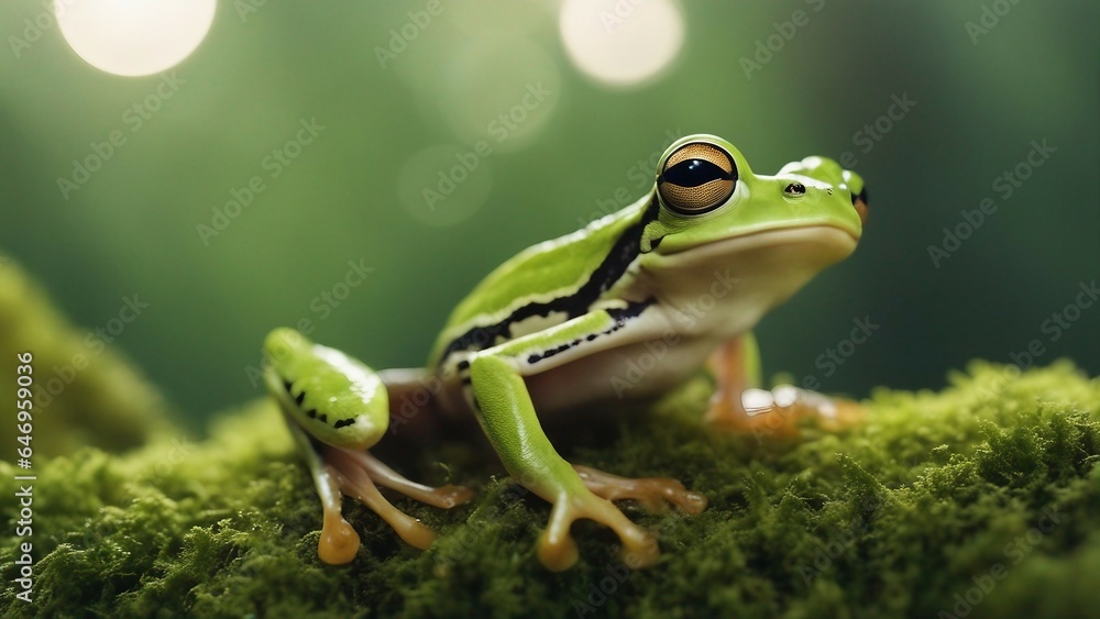 Obraz premium Green frog on moss 