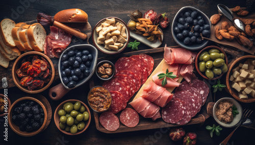 A delicious Italian antipasto platter with an assortment of sliced meats, bread, olives, and cheese on a wooden board.