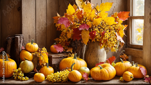 Pumpkin, grapes, autumn leaves on old background