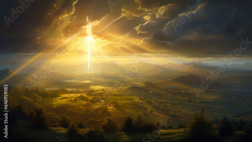 Divine Light Rays: Heavenly Rays of Light Illuminating the Landscape with a Sense of Wonder. AI Generated 8K. 