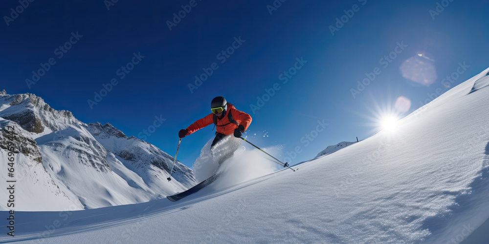 A thrilling winter scene with skier enjoying an extreme downhill ride on a powder-covered mountain slope under a sunny blue sky.