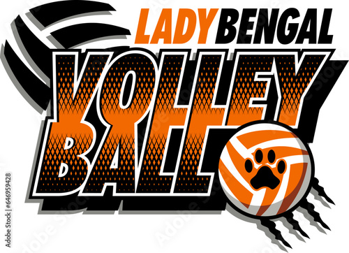 lady bengal volleyball team design with ball and paw print for school, college or league sports