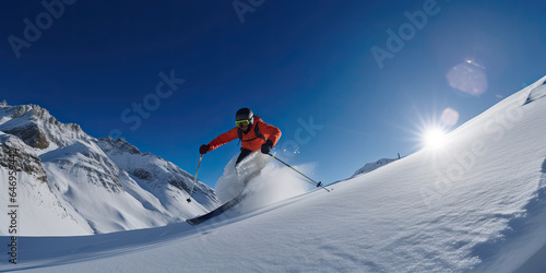 A thrilling winter scene with skier enjoying an extreme downhill ride on a powder-covered mountain slope under a sunny blue sky.