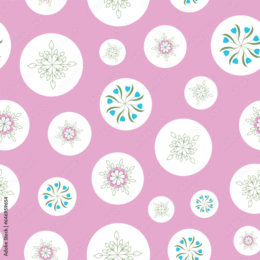 This Pink Background Features Various Sizes of White Dots with Wreaths of Pink Peonies, Teal Blue Tulips and Green Line Art Leaves Creating a Vector Repeat Seamless Pattern Design This Pink Background Features Various Sizes of White Dots with Wreaths of Pink Peonies, Teal Blue Tulips and Green Line Art Leaves Creating a Vector Repeat Seamless Pattern Design