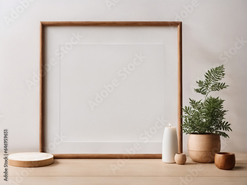 Frame mockup on a rustic wooden table, showcasing a charming rustic interior design, wooden table with a rustic frame for a vintage aesthetic, rustic decor with frame presentation on a wooden cabinet