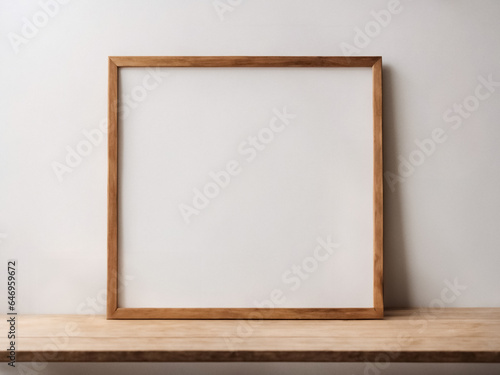 Frame mockup on a rustic wooden table  showcasing a charming rustic interior design  wooden table with a rustic frame for a vintage aesthetic  rustic decor with frame presentation on a wooden cabinet