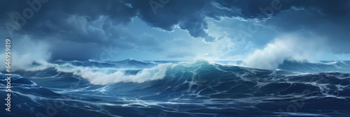 Blue wild sea with high waves, dark gloomy clouds, rain, storm, typhoon © stv
