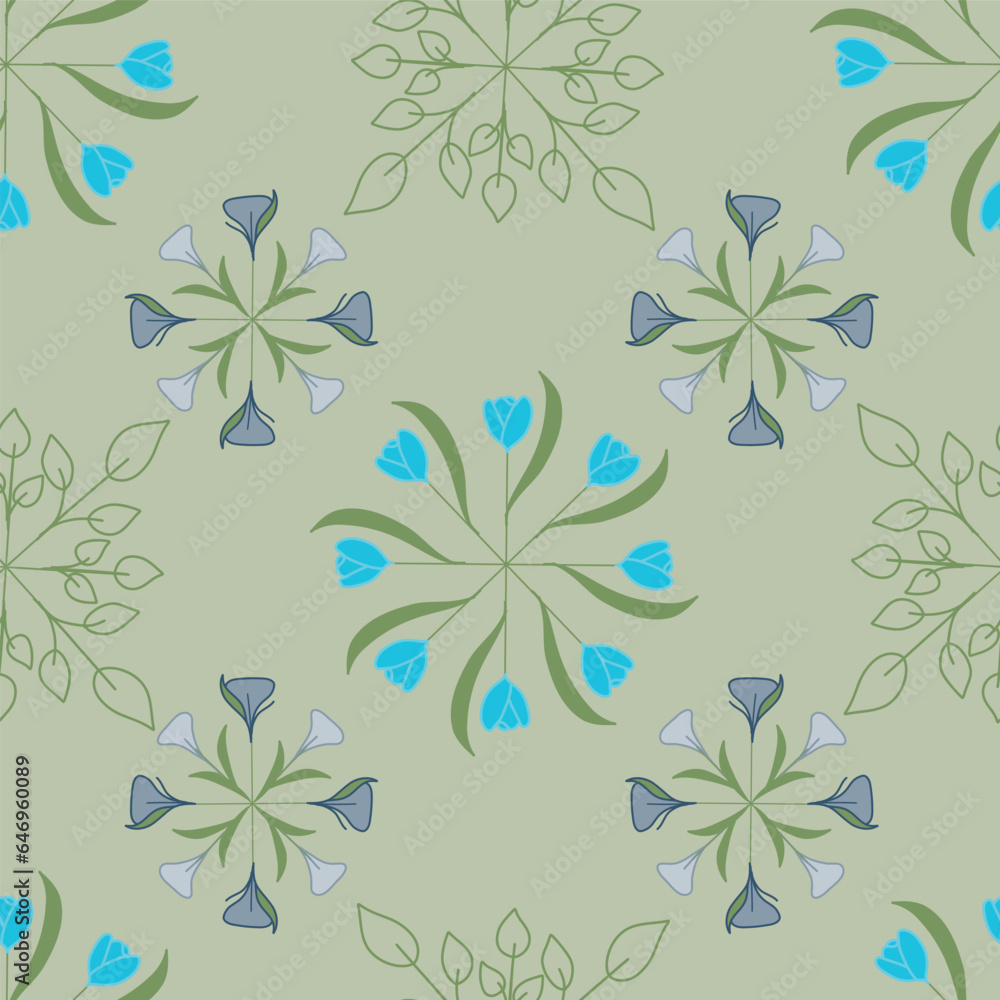 Seamless Vector Repeat Pattern Design with Wheels of Purple Lilies, Teal Blue Tulips, and Green Line Art of Leaves Geometrically placed on a Green background.