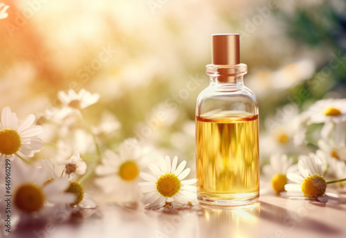 Glass bottle with essential oil among the chamomile blossoms