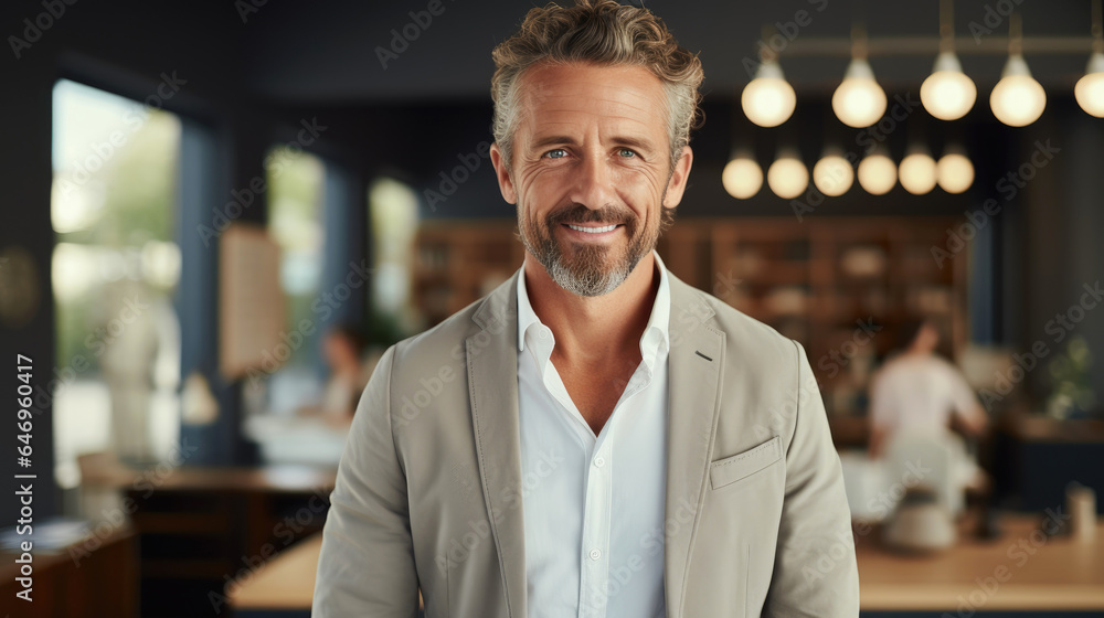 Fototapeta premium Portrait of a 45-year-old businessman in office. Generative AI