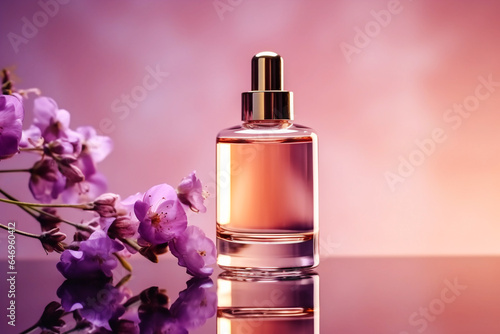 Cosmetic glass jar with perfume  serum or organic essential oil with flowers. The concept of a selfcare and natural cosmetics